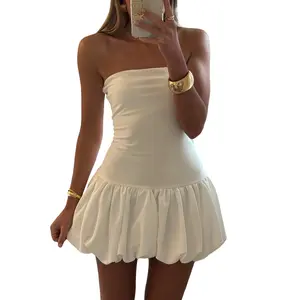 Women Strapless Mini Dress Summer Solid Color Puff Bubble Party Dress for Cocktail Beach Streetwear