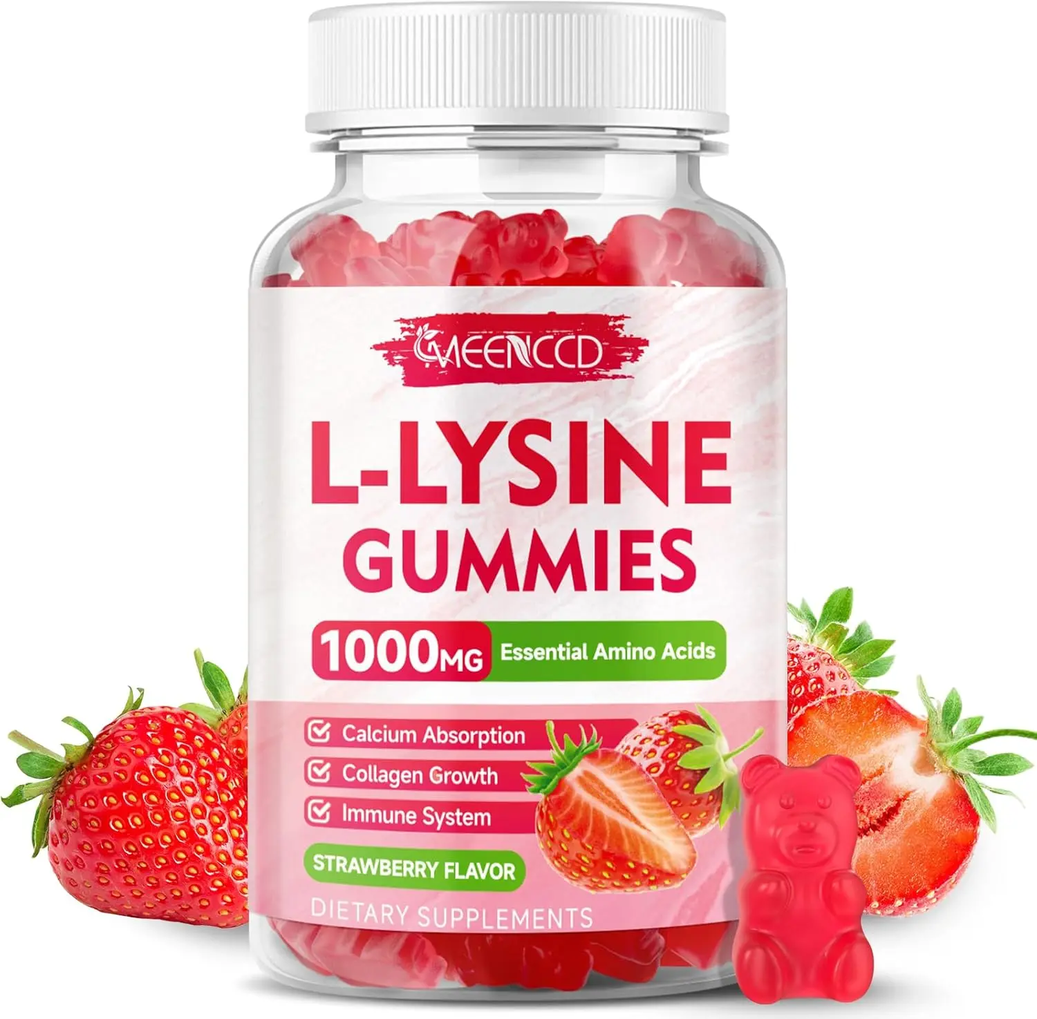L-Lysine 1000mg Gummies, Lysine Supplement for Adults & Kids, Essential Amino Acid Supplement for Oral & Lips Health, Boost Immune & Calcium & Collagen, Sugar-Free, Strawberry Flavor, 60 Count