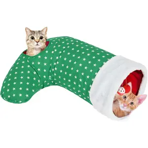 Cat Tunnel Christmas Sock with Bell Balls, Upgraded 2 Way Cat Tunnel Interactive Toy for Christmas, Pet Xmas Stocking with Crinkle Paper & Strong Spring-steel Frame for Cat Kitten Kitty, Green ADJUSTABLE CAT TUNNEL BED WITH TOY