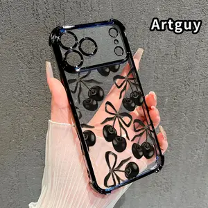 Electroplated Four Corner Anti-Fall Cherry Bow Pattern Pattern Phone Case for iPhone 17 Pro Max 16 Air 15 Plus 14 13 12 11 E Shockproof Transparent Protective Cover