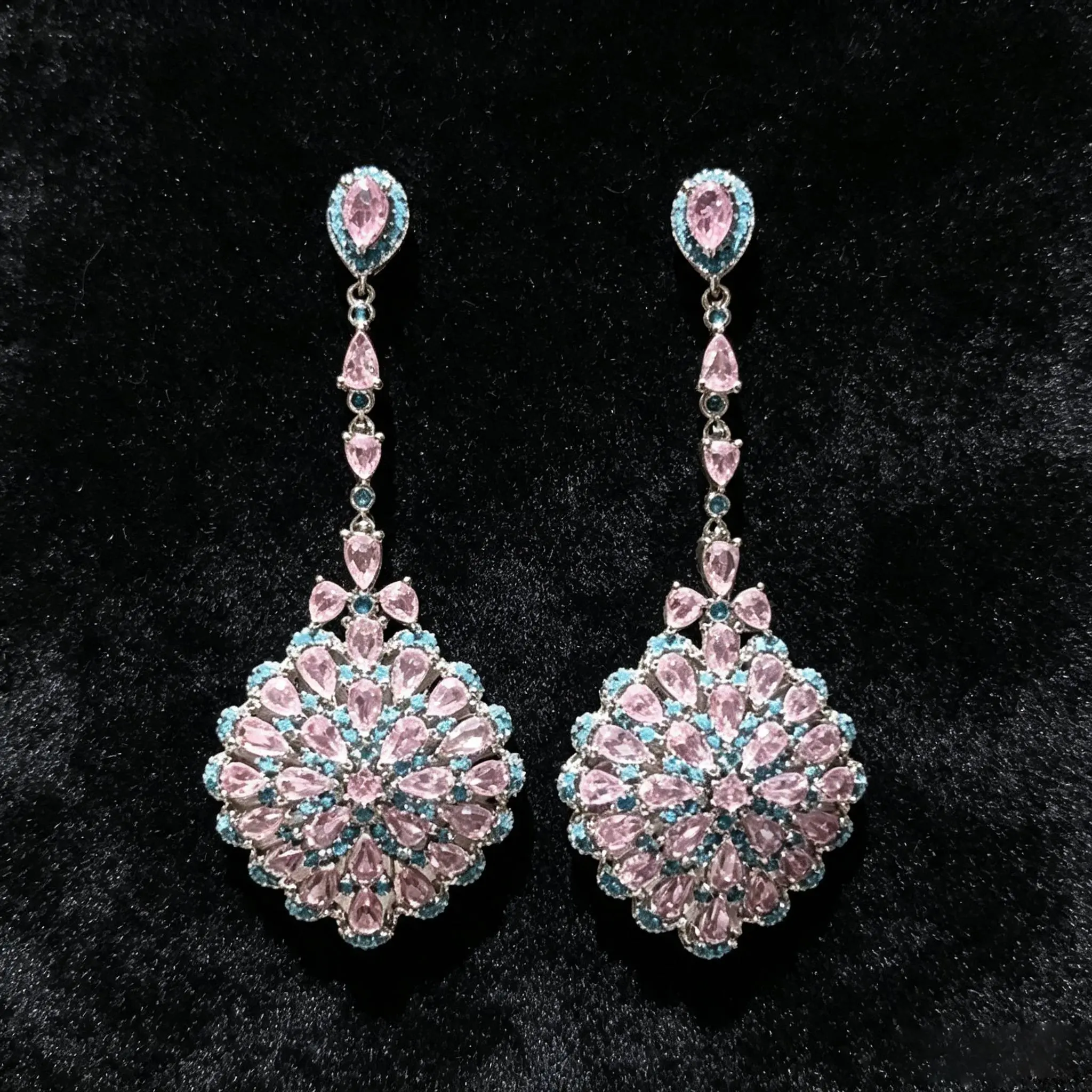 Elegant Pink & Blue Crystal Chandelier Earrings for Women - Sparkling Floral Design with Teardrop Accents