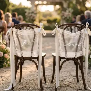 Wedding Rectangle Decorative Fabric Lace Chair Banners - 2-Piece Set with Ribbon Accents & Letters (33x42cm), Bride & Groom Ceremony & Reception Sweetheart Table Back Decorations,summervibes