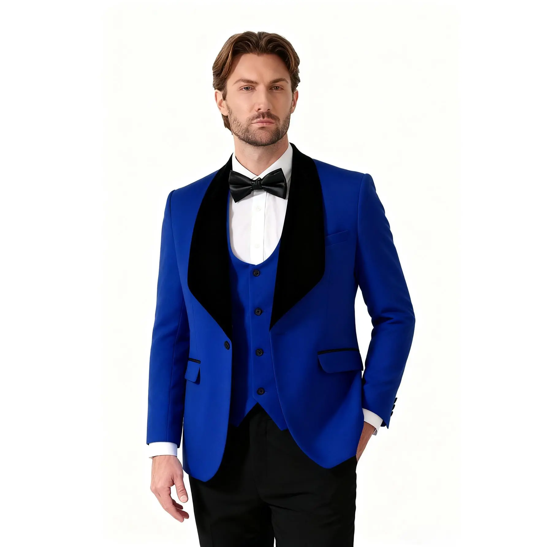 Men's 4-Piece Polyester Paisley Formal Suit Set - Formal Wear Ensemble with Long Sleeve Drape Blazer, Vest, Pockets Pants, and Matching Elegant Bow Tie, Smooth, Classic, Jacket, Menswear, Shawl Lapel, Boat Neck, Vintage Basic, Formal Events