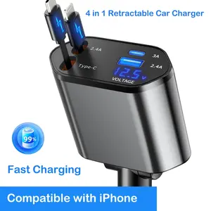 4 in 1 Retractable Car-Mounted Charger, USB C PD Fast Charging Adapter with Lightning Cable Compatible with iPhone 16/15/14/13 Pro Max Plus, Samsung S23/S22/S10, Pd Fast Charge, Car-Mounted Chargers