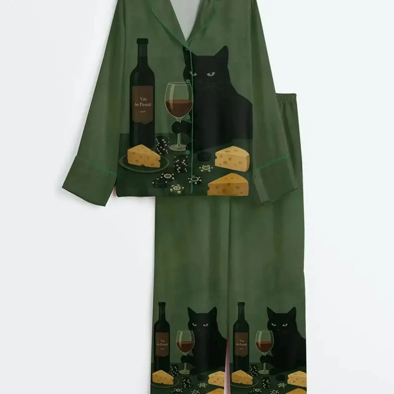 Black Cat Wine & Cheese Pajama Set for Women, Short Sleeve Button Up Sleepwear, Funny Cat Print Pajamas, Cozy Loungewear Gift 8G4