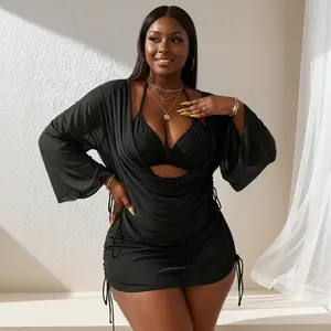 Plus  3-Piece Black Halter Bikini Set - Plus  Swimsuits, Ruched Long Sleeve Polypropylene Cover Up, High Waist Tummy Control Bottoms, Stretchy Knitted Fabric, Tie-Back Design, Machine Washable for Beach Vacation, 3-Piece Sets Tankini with size women's, Ba