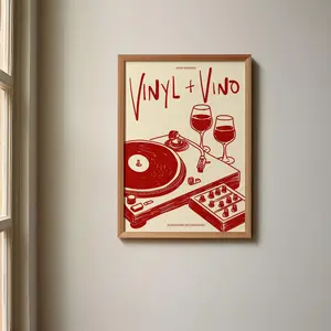 [Sale Up To 40%] [Unframed] Vinyl & Vino Print, Music Poster, Home Decor, Wine, Illustration, Record, Bar, Trendy, Retro, Kitchen Dining Room, Mid Century
