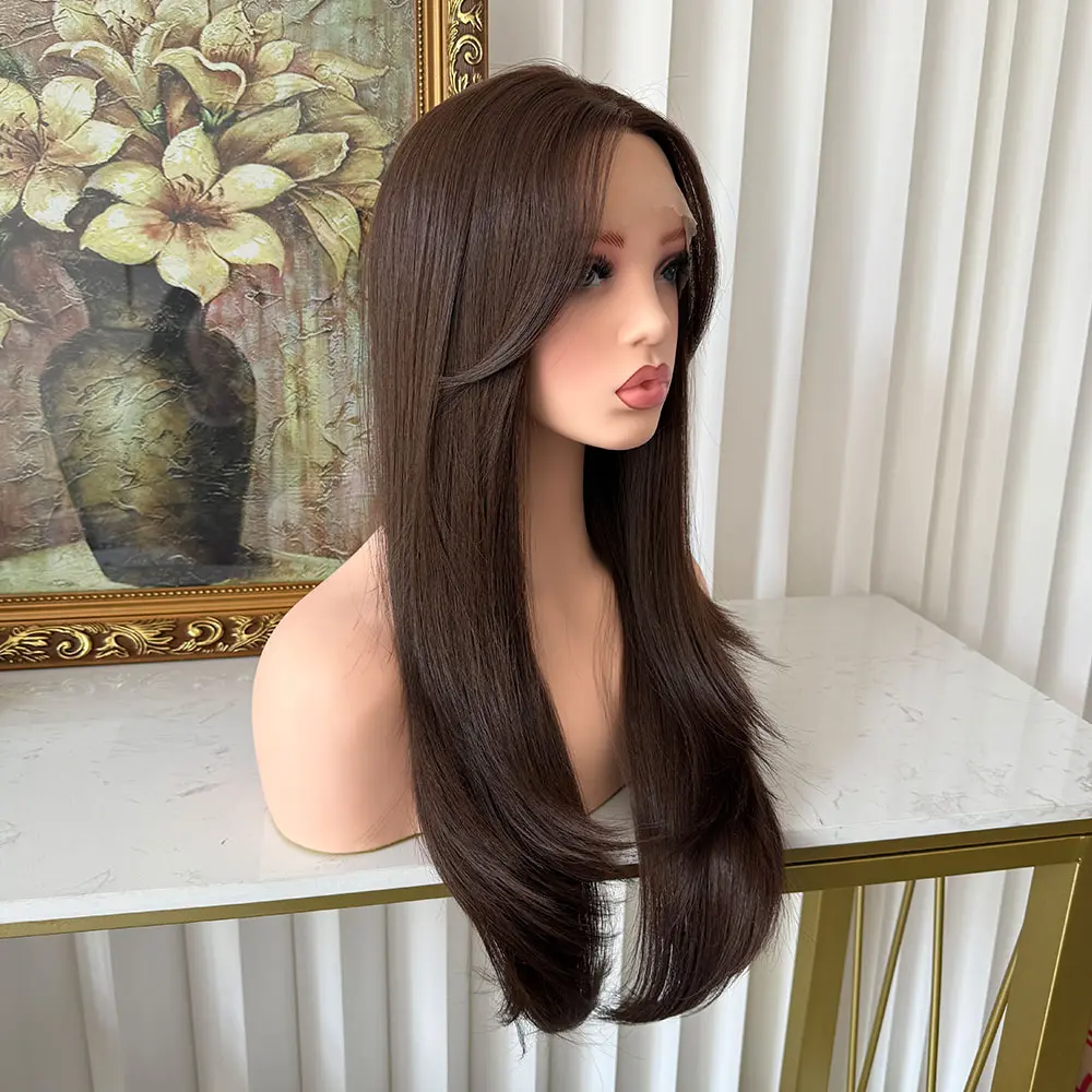 Lovestory Eliana #8 Dark Brown Glueless Synthetic Lace Front Wig for Women, Natural Straight Pre-Layered Heat-Resistant Synthetic Fiber Wig for Daily & Special Occasions, Glueless Frontal Wigs