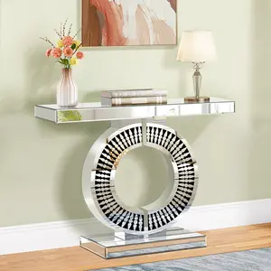 Modern Mirrored Entryway Console Table with Diamond-patterned Inlay 39.4-inch Silvery Hallway Table O-shaped Base Luxury Glass Entryway Table A Choice for Home Decor