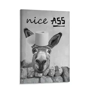 Funny Donkey Wall Art Nice Ass,Donkey in Bathroom Posters Middle Ages Abstract Farmhouse Home Canvas Print Painting Interest Black and White Wall Decor