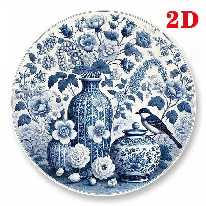 Vintage Chinoiserie Blue and White Porcelain Floral Tin Round Metal Sign, Casual Elegant Distressed Look Wall Plaque with Bird Sparrow Flower Jar, Bedroom Kitchen Indoor Coastal Farmhouse Decor, Aluminum