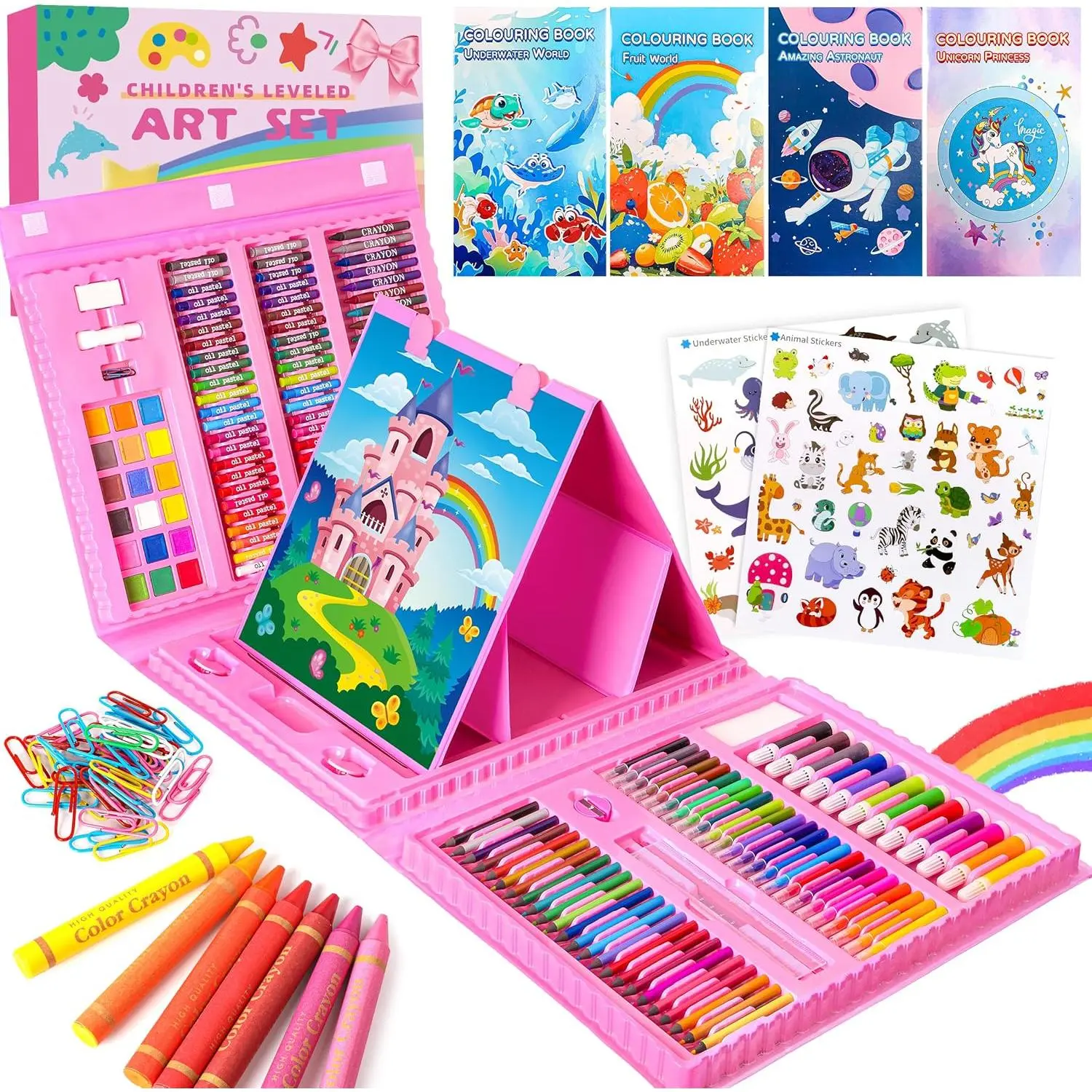 Art Supplies 332 count Drawing Art Kit Gifts for Girls Boys  Teens Gifts Art Set Case with Double Sided Trifold Easel, Stickers, Sketch Paper, Coloring Book, Pastels, Crayons, Pencils (Pink)
