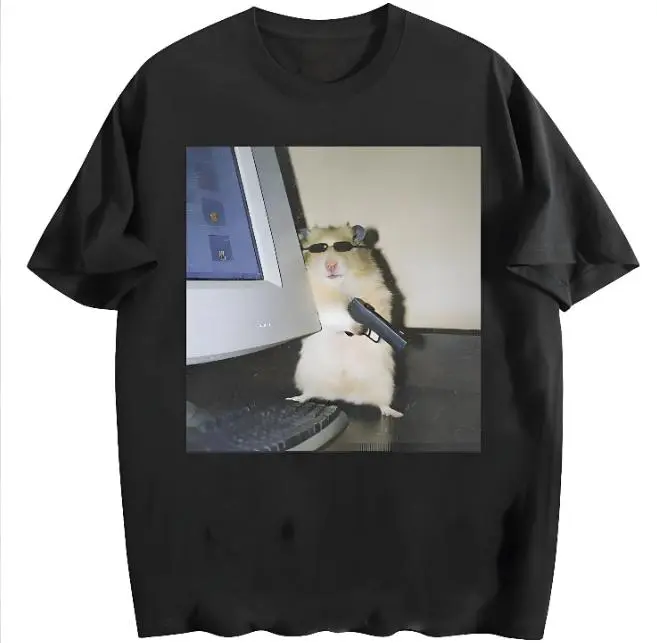 Women's Baggy Handmade Personalized Vintage Cyber Hamster Graphic T-Shirt - Casual Cotton Shortsleeve Crew Neck Fabric Top, Humorous Meme Cringe Humor Summer Streetwear