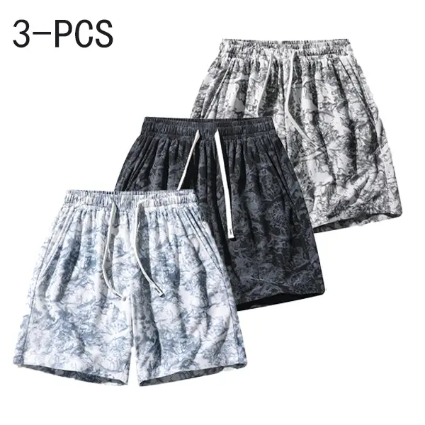 Men’s 3-pack soft-feel casual shorts with stylish graphic designs and an adjustable drawstring waist, suitable for everyday wear and casual gatherings.