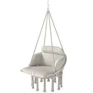 Hammock Swing Chair, Macrame Hanging Chair with Large Cushion, Chain, Steel Frame for Indoor Outdoor Use, Cream White