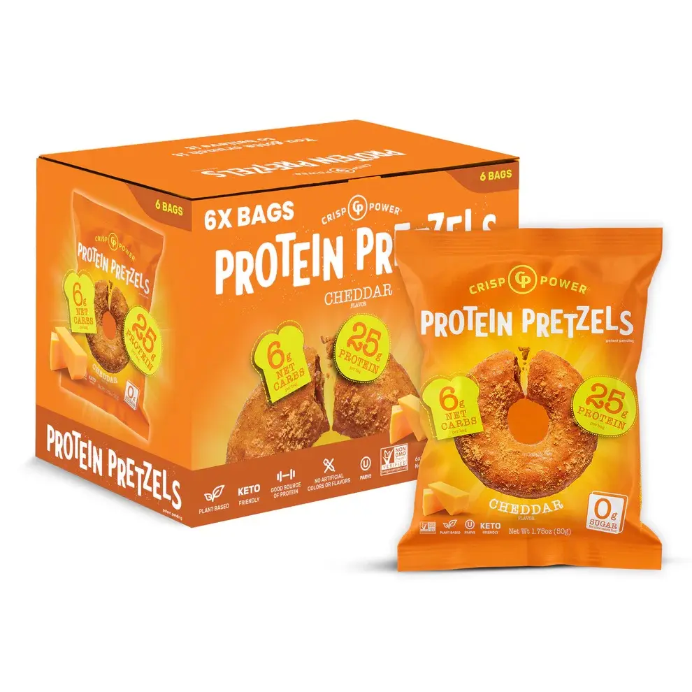 Crisp Power Protein Pretzels - Cheddar Flavor Savory Snack, 25g Protein, 6-Pack