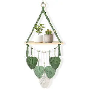 Macrame Wall Hanging Shelf Wood Floating Storage Shelf Boho Woven Leaf Wall Decor Plant Hanger for Photo Display Bedroom Living Room Nursery Decor