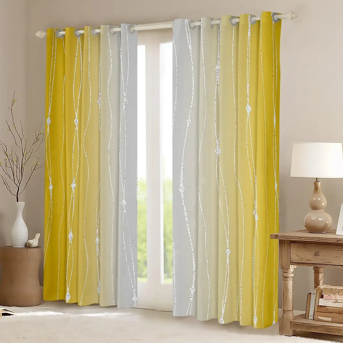 Feelyou Yellow and Gray Gradient Watercolor Ombre Blackout Grommet Curtains - Abstract Aesthetic Wave Line, Dot Design, Privacy-Focused Home Textile Decor (Yellow, Colorful, All-Over Print, Beautiful Patterns Styles), Yellow Curtains
