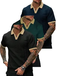 Men's Textured V Neck Polo Shirt Set, Casual Short Sleeve Colorblock Golf Polo, Breathable Knit Summer Daily Wear Top