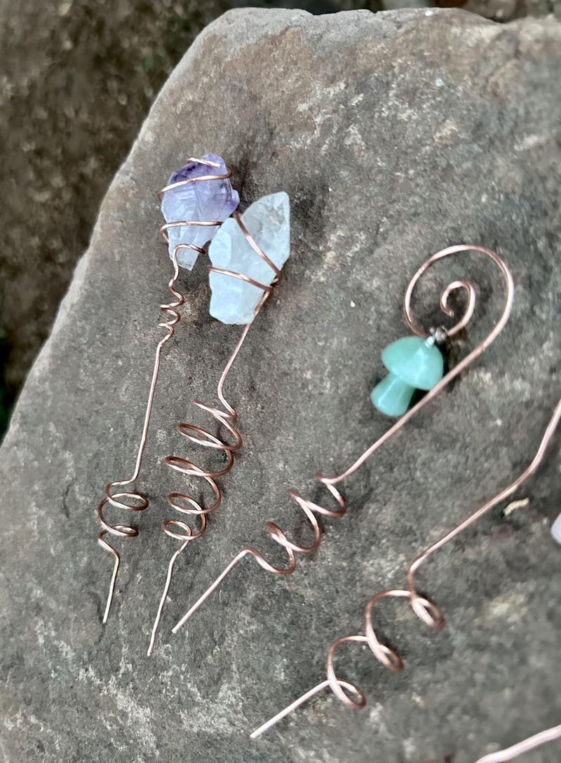 Pure Copper Electroculture plant spikes~potted plant stakes for better plant growth~whimsical wire wrapped crystal garden decor~gemstone garden spikes