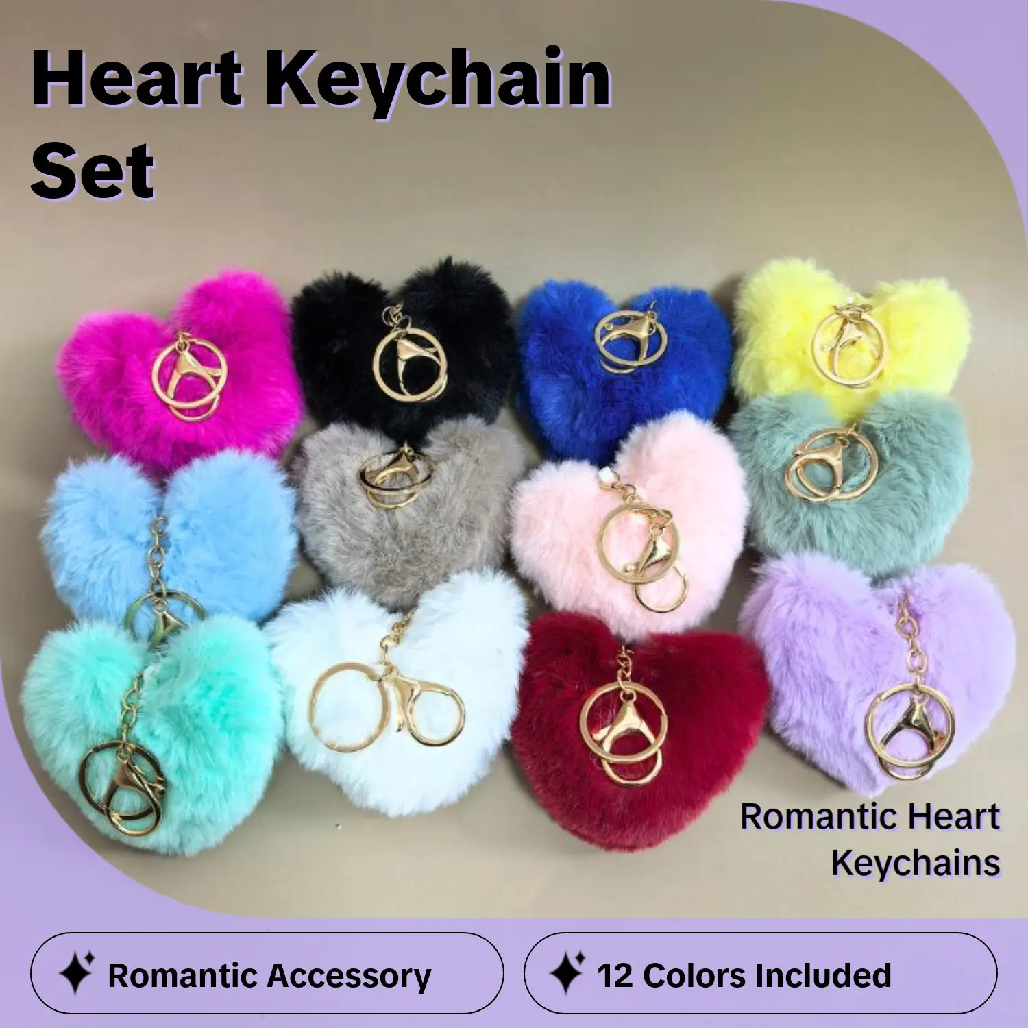 [Summer Picks] Unisex Copper Heart Shaped Fluffy Keychains Holiday Pack (12PCS, 12 Colors) - Kawaii Accessories, Cute Keychains with Romantic Love Pattern, Lobster Claw Clasp, Bag Pendant Gift for Couples