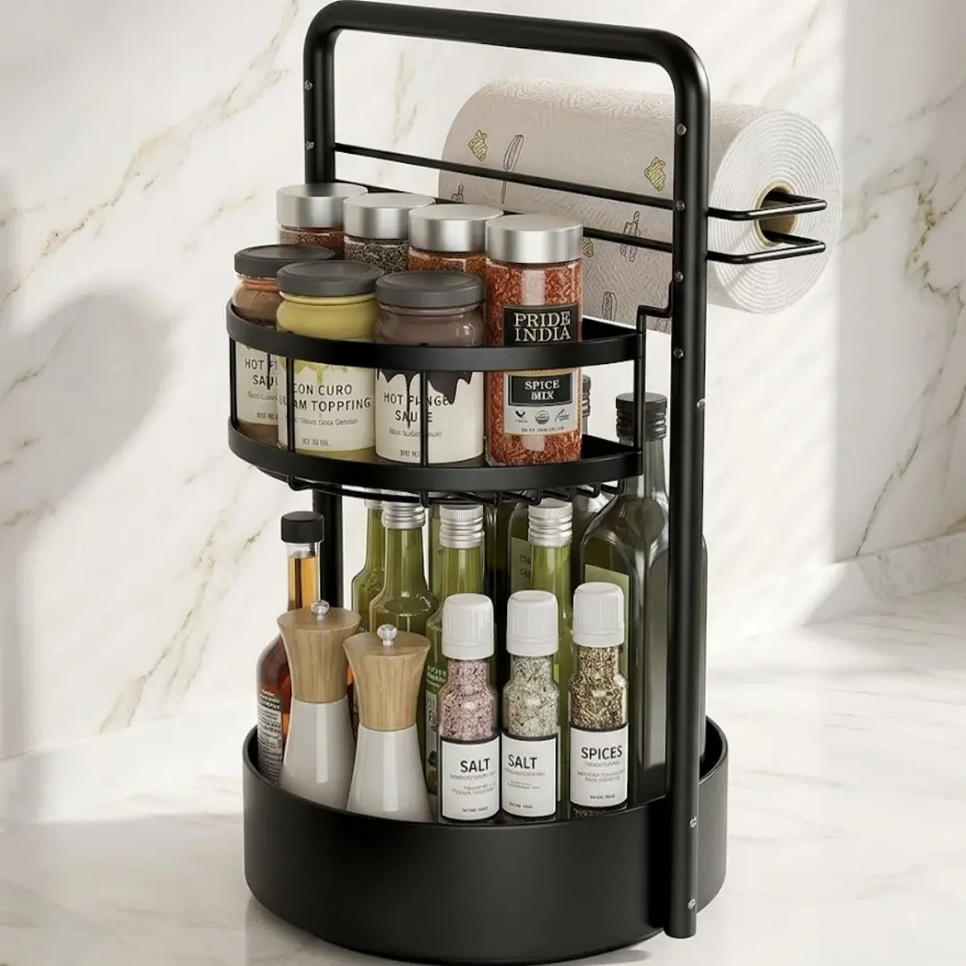 Black Expandable 2-Tier Rotating Metal Adjustable Standing Shelf - 360° Smooth Lazy Susan, Height-Adjustable, Non-Slip, Easy-to-Clean Paper Towel Holder for Kitchen Countertop & Cabinet Condiments