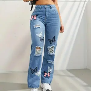 Butterfly Printing Denim Trousers Women Holes Jeans Straight Pants High Waist Loose Fit Vintage 2024 Casual Distressed Denims