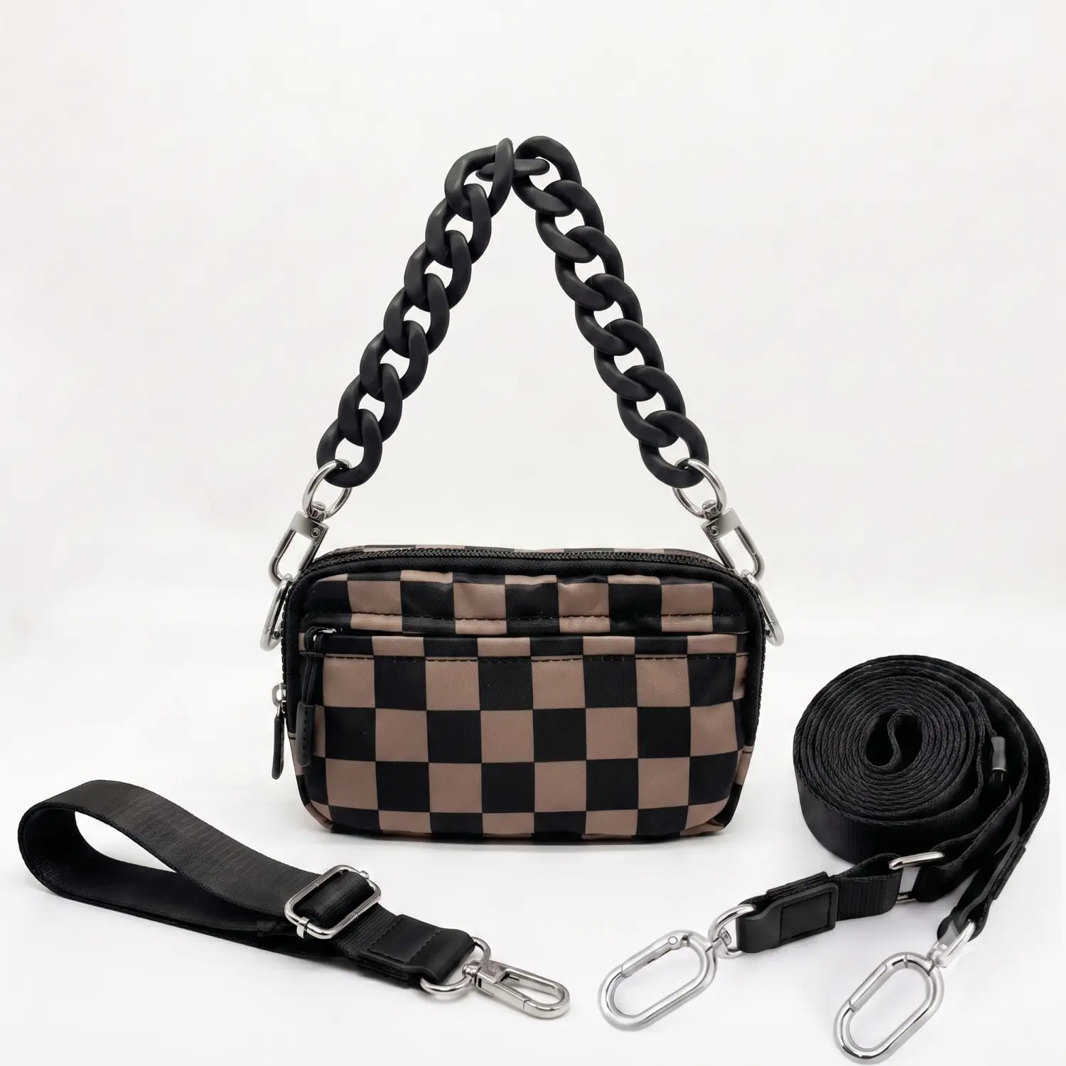 Chain with Checkered Nylon Bag Quilted Wristlet Wallet Watersafe Nylon Purse with 4 Zippers, Adjustable Strap Bag, Travel Credit Card Holder, Cell Phone Organizer, Lightweight Mini Crossbody Bum Chest Bag, Crossbody Bag
