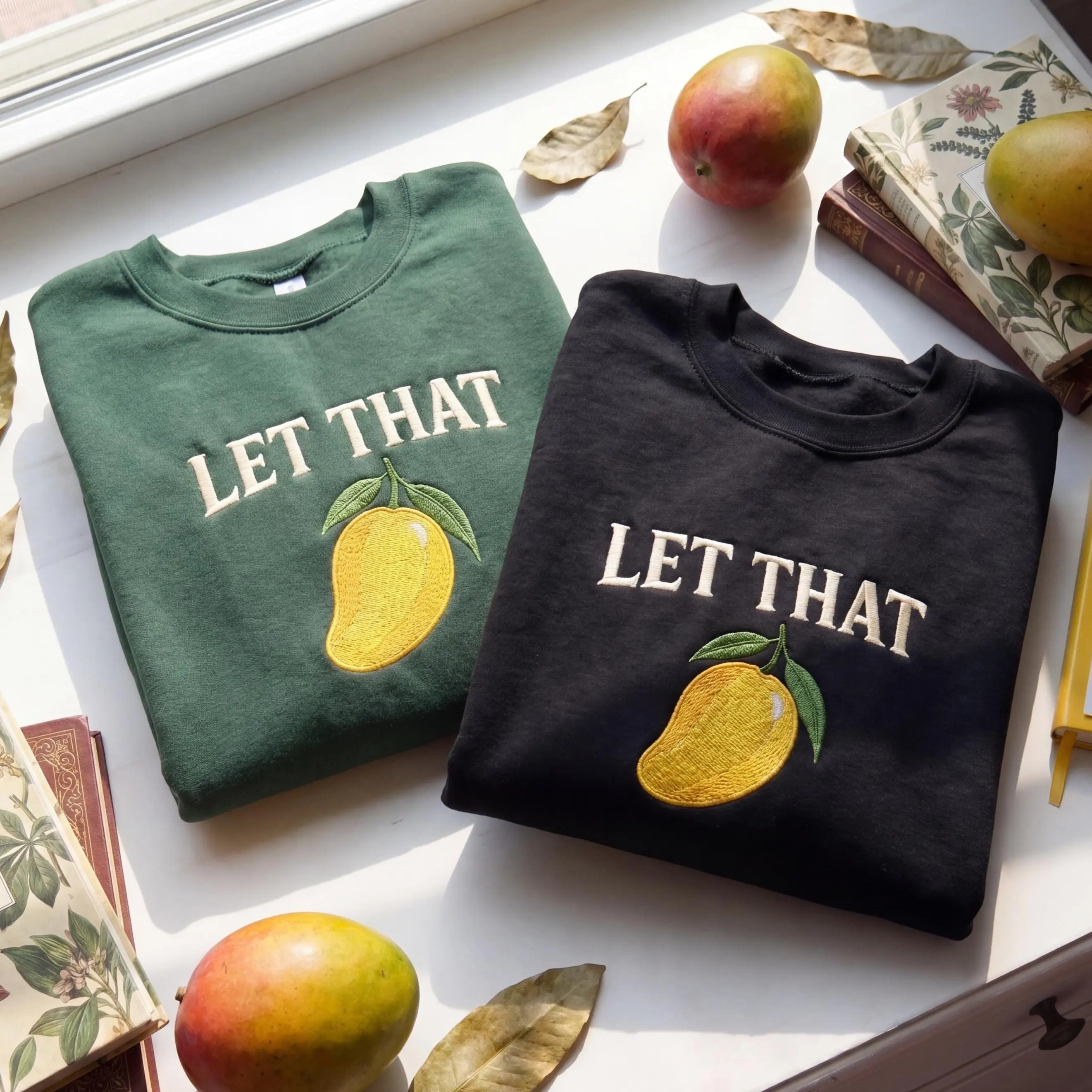 Women's Cotton Embroidered "Let That Mango" Printed Round Neck Hoodie - Funny Fruit Pun T-Shirt, Empowering Self-Love Gift for Lady, Sarcastic "Let That Man Go" Crewneck Sweatshirt, Style, Casual Wear, Pullover Hoodie