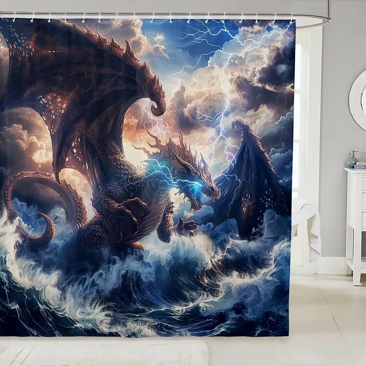 Western Dragon Shower Curtains,Lightning Light Tsunami Disaster Ocean Waves Bathroom Curtains Men,Gothic Dragon Retro Unique Chic Waterproof Curtains