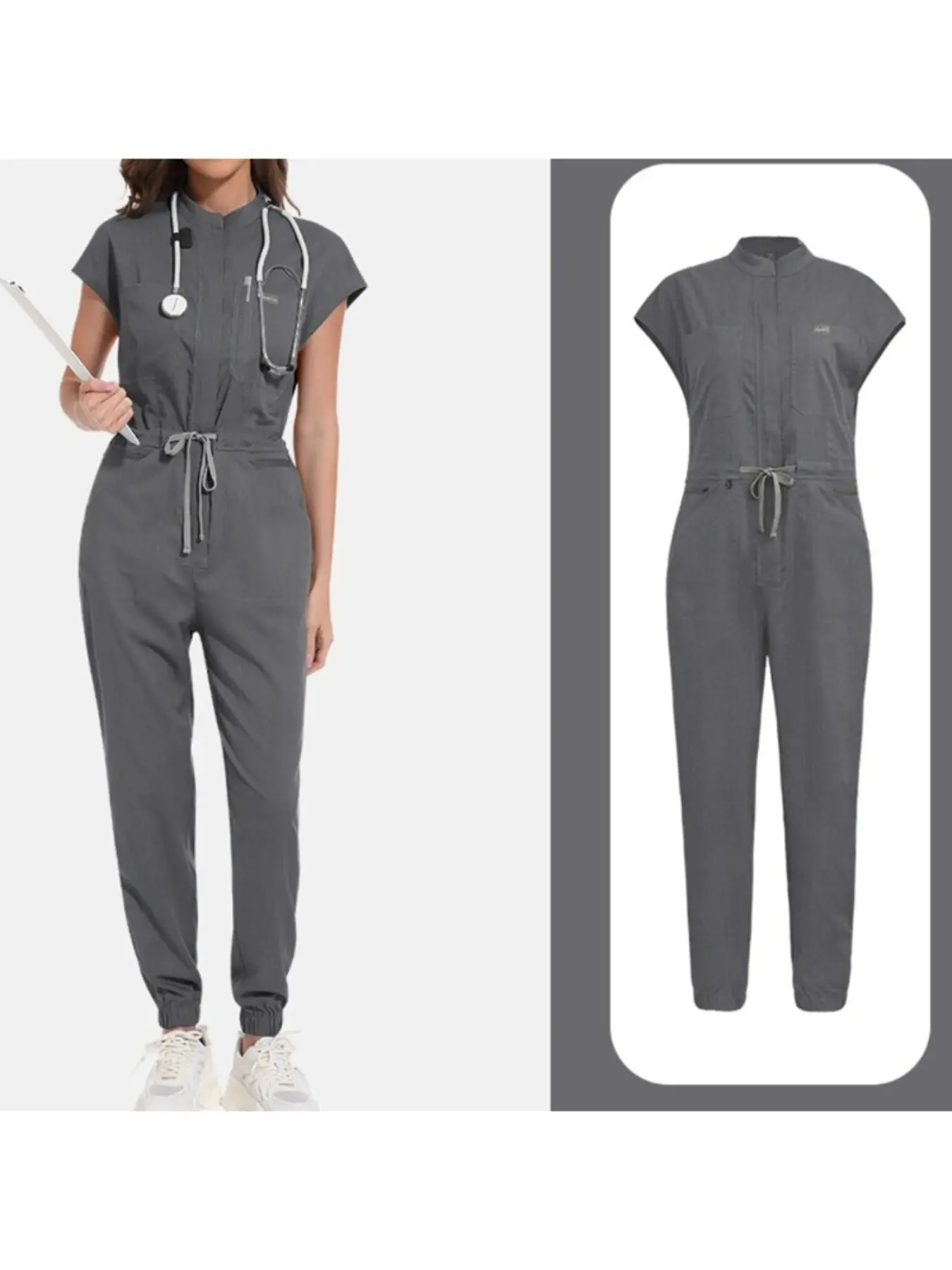 Womens Fitted Lightweight Quick Dry Casual Basic Jumpsuit Overalls Hospital Doctor Nurse Scrub Uniform Thin Fabric, Womenswear