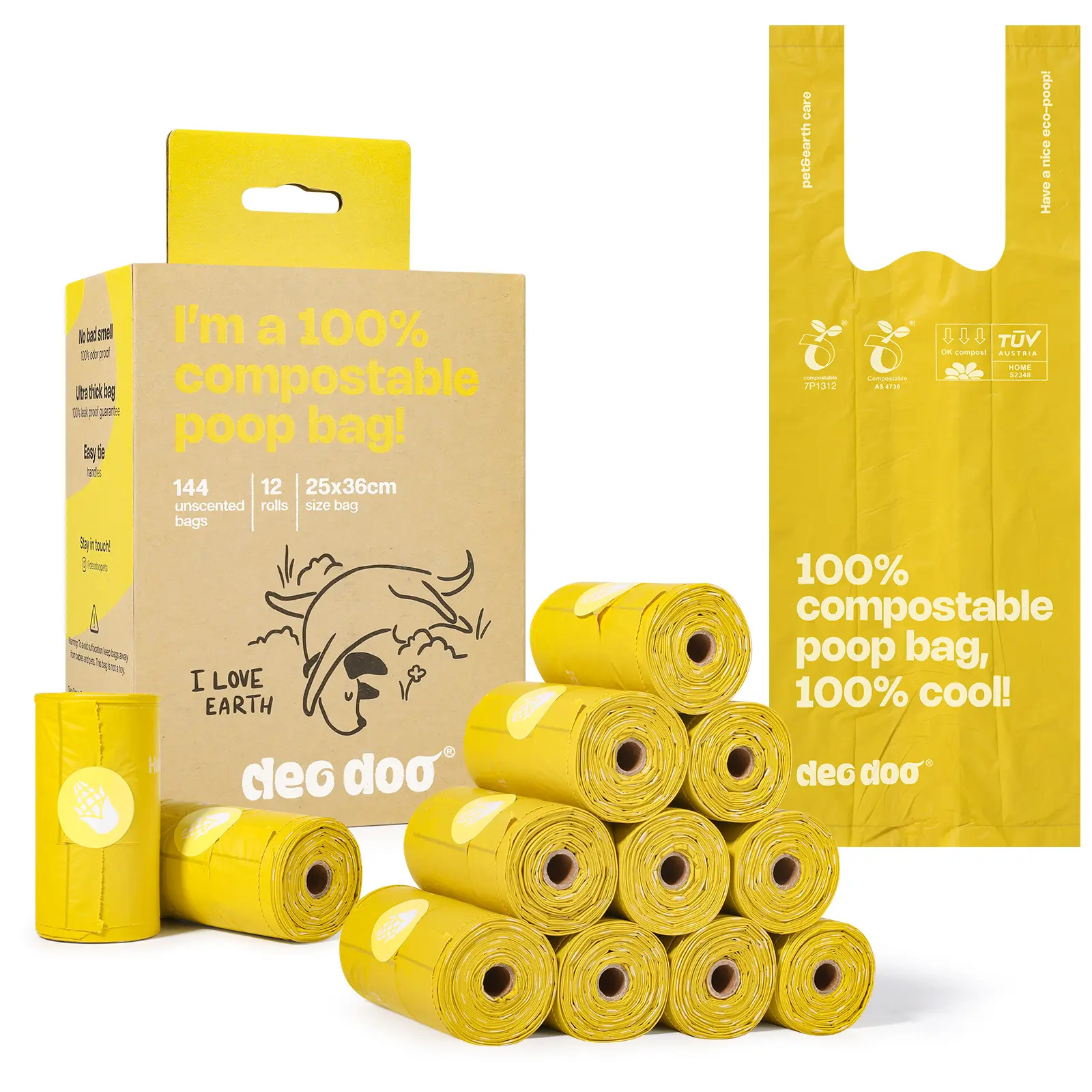 100% Compostable Cornstarch Dog Poop Bags with Handles, ASTM D6400 & EN 13432 Compliant, 144-Count Rolls, 18 Micron Extra Thick Leak-Proof Waste Bags (14.96" Length x 9.5" Width) for Dog Walking