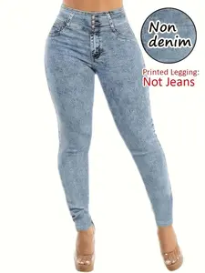 Imitation Denim Printed Leggings with Pocket, Long Slim Fit Pants for Women, Stylish and Comfortable Tights for Everyday Wear, Womenswear, Bottom