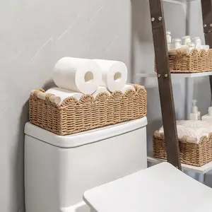 Handmade Natural Rope Toilet Paper Basket with Wooden Handle-Stylish Scalloped Edge Design, Decorative Storage Basket, Suitable for Toilet Top Shelf, Rustic Home Storage and Organizing Solution, Vintage Style Basket, Textured Appearance