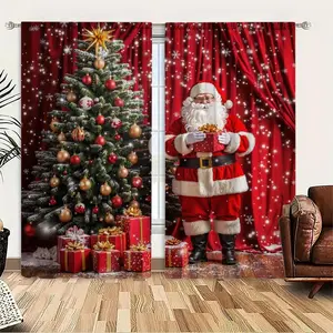 2-Piece set,Santa Claus and Christmas tree pattern curtains, Window Decorations Supplies, translucent rod pocket design, suitable for home decoration, Christmas decoration curtains