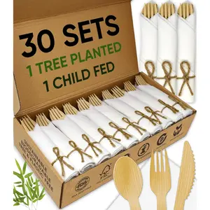 Premium Pre-Rolled Napkin and Bamboo Cutlery Set (30 Pack, 120 PCS) 100% Biodegradable, Eco-Friendly, Disposable Wrapped Cutlery-Includes Pre-Wrapped Bamboo Forks, Knives, Spoons, & Napkins