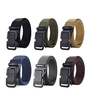 Men Nylon Tactical Ratchet Belt, Universal Size- 47 Inches, Trim To Fit, No-Hole Design Easier Adjustabl, Minimalism Slide Waist Band, With Durable Square Metal Automatic Buckle, Casual Lightweight Breathable Elastic Girdle, Versatile Accessories