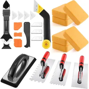 23 Pcs Tile & Grout Tool Sets, Silicone Caulking Remover Tools Stainless Steel Notch Trowel Molded Rubber Grout Float 6 Sponge Angled Tile Saw with 3 Blades for Floor Wall Installation