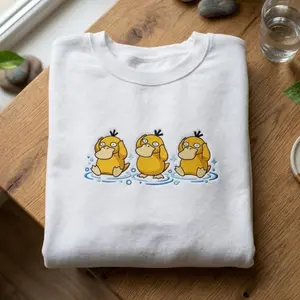 Psyduck Embroidered Sweatshirt, Cute Poke Crewneck, Kawaii Anime Embroidery Shirt, PKM T-shirt, Gamer Gift, Pastel Aesthetic