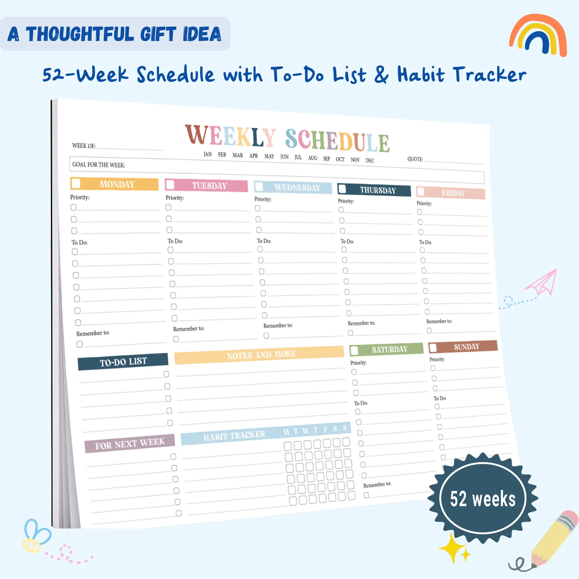 Undated Weekly To-Do List Notebook Planner, 52 Sheets Smooth Paper, 8.5x11 in Large Size Desk Pad, Rainbow Boho Aesthetic Organizer for Busy Households & Work, Office Stationery Supplies