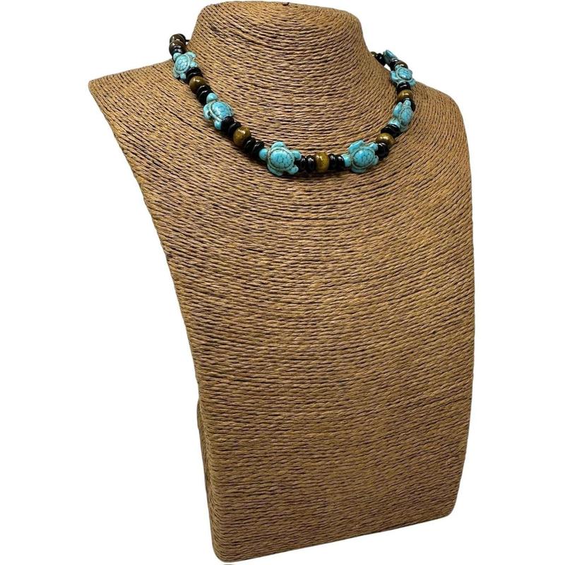 Turquoise Howlite Sea Turtle Beaded Necklace with Black & Brown Wooden Beads Adjustable Cord 14-24 Inches Unisex Bohemian Style Jewelry
