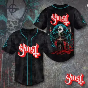 Ghost Band Baseball Jersey | Papa Emeritus Skeleton Art | Dark Gothic Concert Style | Red & Teal Accents | Heavy Metal Tour Merch for Fans & Alternative Streetwear Lovers