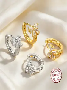 S925 Sterling Silver Bowknot Hoop Earrings for Women Shiny Zircon Accents Huggie Earring Luxury Wedding Party Jewelry