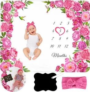 Kemina Baby Girl Milestone Blanket 50x40 Inches Floral Baby with Personalized Board, Frame & Headband, Premium Fleece & Ultra-Soft Cotton Flannel