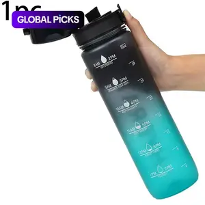 Inspirational Sports Water Bottle, 32oz (1000ML), Time Markers, Wide Mouth, Leak-Proof & Stir-Friendly Design, Carry Strap Included, Hydration Bottle, Sports Drinking Bottle #GLOBAL PICKS
