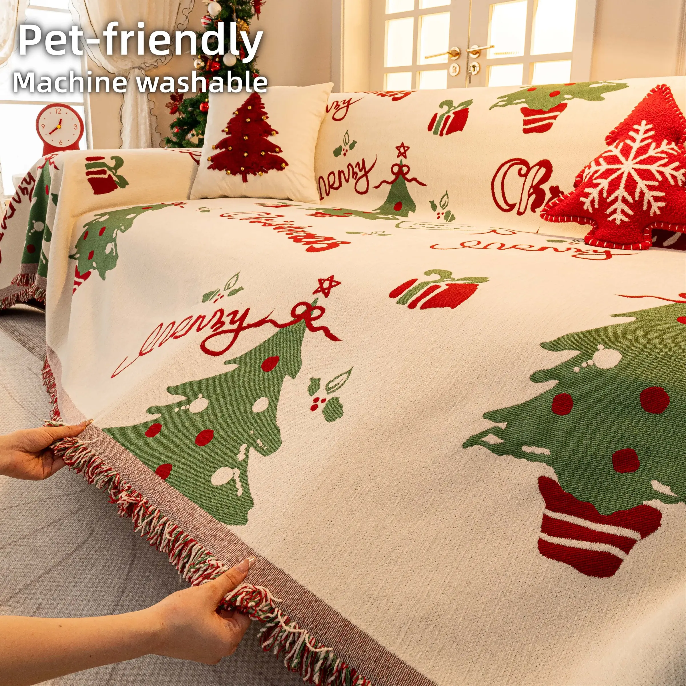 1Pc Christmas Sofa Blanket Couch Cover, Couch Slipcover, Sectional Sofa Slipcovers, Woven Jacquard with Tassel Fringe, Pet-Friendly & Machine Washable, Decor Furniture Protector, Sofa Protector, Non-Slip Sofa Towel for Sectional/L-Shape, 1-4 Seater