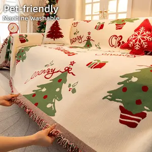1Pc Christmas Sofa Throw Blanket Couch Cover, Couch Slipcover, Woven Jacquard with Tassel Fringe, Pet-Friendly & Machine Washable, Holiday Decor Furniture Protector, Universal Sofa Protector, Non-Slip Sofa Towel for Sectional/L-Shape, 1/2/3/4-Seater