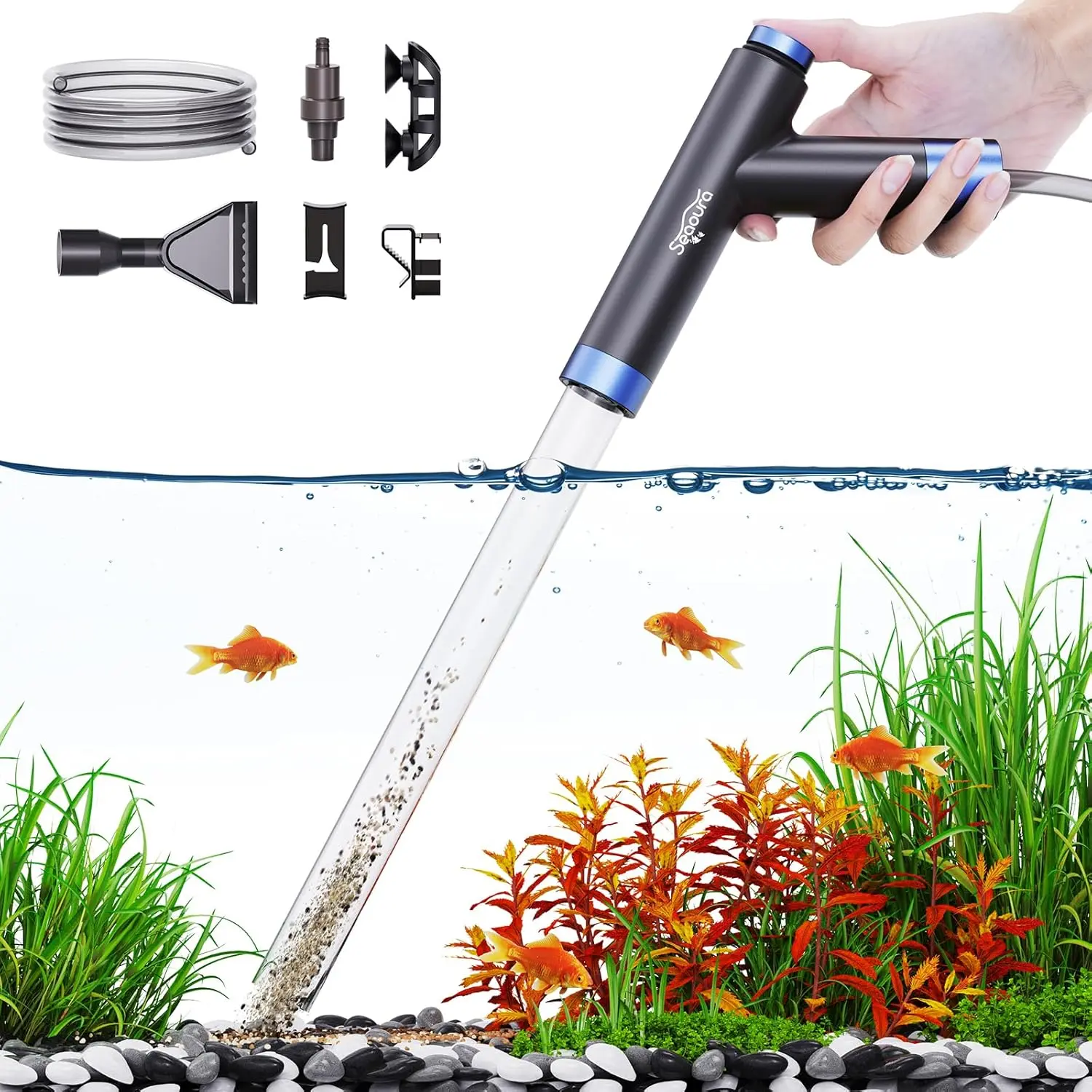 Seaoura Plastic 3-in-1 Aquarium Gravel Vacuum Siphon Cleaner - 15.74-35in Adjustable, Air Press Button Dual Airbags Labor-Saving, Aquarium Filter Basket, Anti-Suction Fish Protection, Silent Cleanup, Uncharged Water Changer for Fish Tanks, Filter Kit