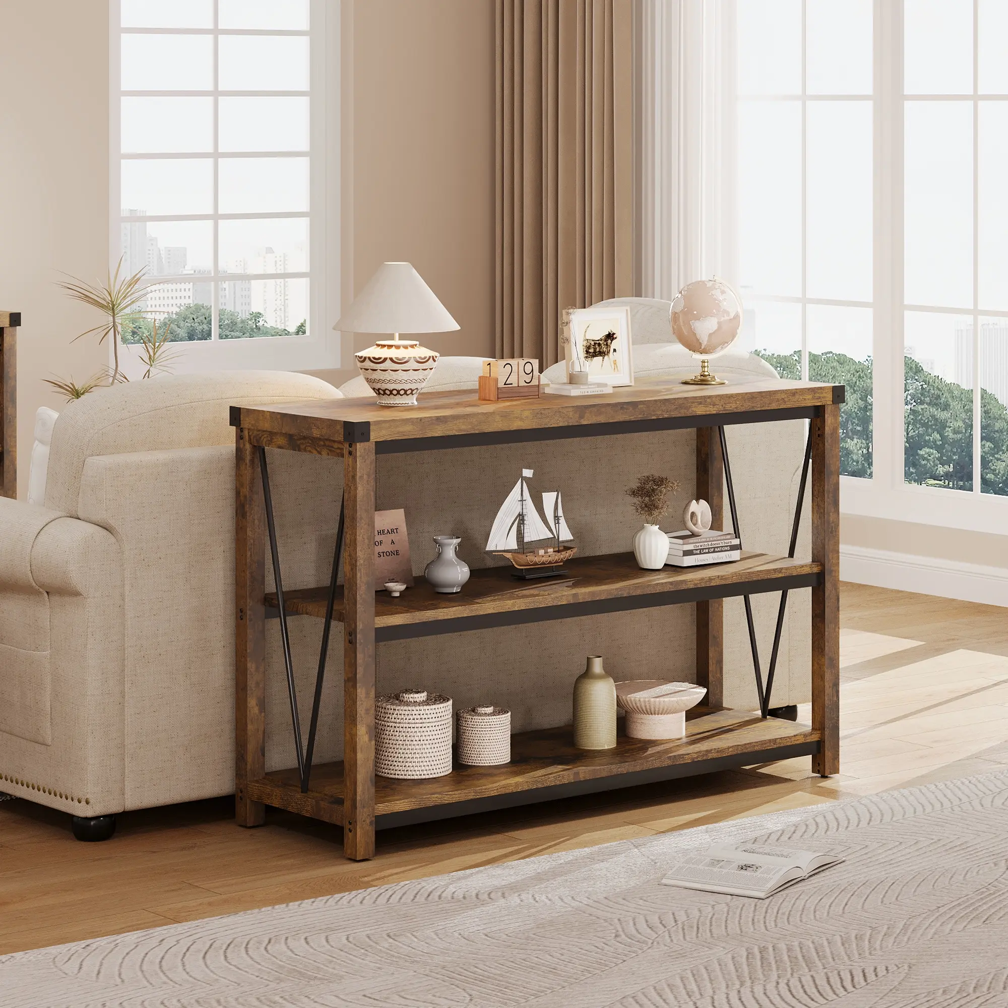 47-Inch Farmhouse Entryway Table with 3-Tier Storage for Hallway, Living Room, or Behind the Couch
