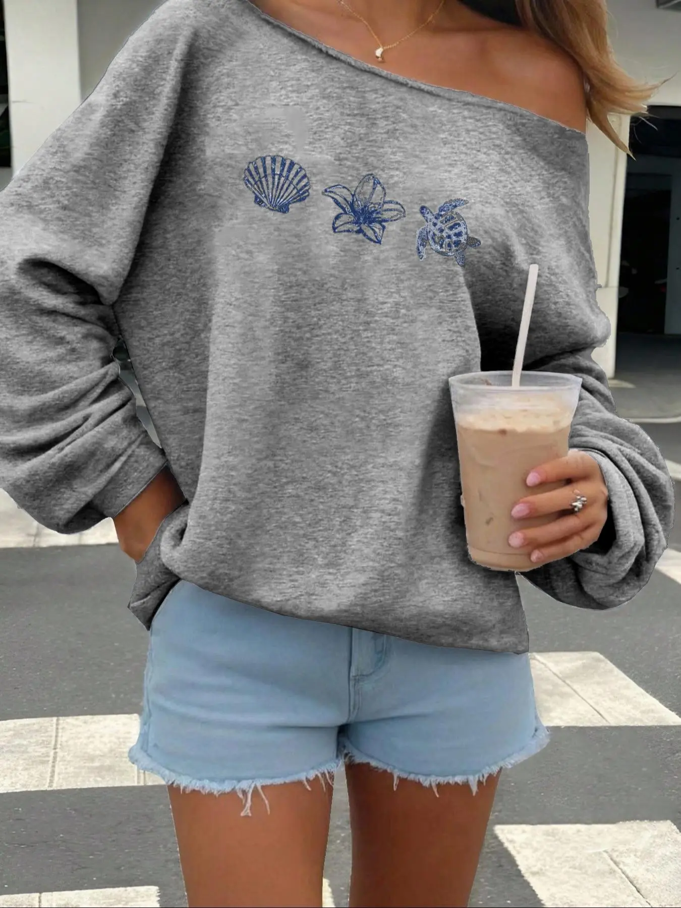 Women's Loose Oversized One Shoulder Sweatshirt, Beach Ocean Print Pullover, Casual Home Streetwear, Tiktok Trend 2026, Ultra Soft Fabric, Sea, Womenswear, Summer, Tops